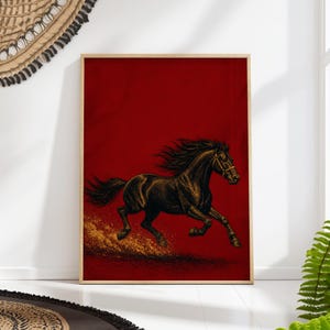 May include: A rectangular wall art print featuring a dark brown horse with a flowing mane and tail, captured in a dynamic running pose. The horse wears a simple bridle and is set against a solid deep red background with golden dust effects.