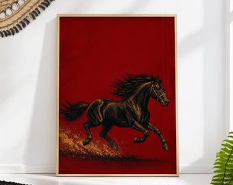 Galloping Black Horse on Deep Red, Dramatic Gold Ink Equestrian Wall Art