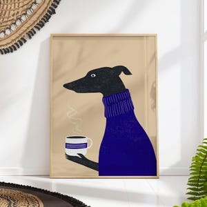 Dog Coffee Poster Print – Greyhound Whippet Wall Art in Navy Sweater, Kitchen or Office Decor