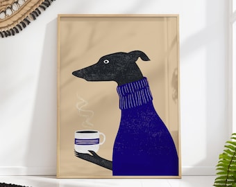 Greyhound Coffee Poster – Sighthound in Navy Sweater Art Print