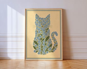 Cat Made of Blue Forget Me Not Flowers, Vintage Style Botanical Cottage Wall Art