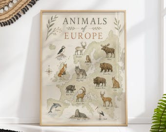 Animals of Europe Map Poster, Watercolor Educational Nursery Wall Art