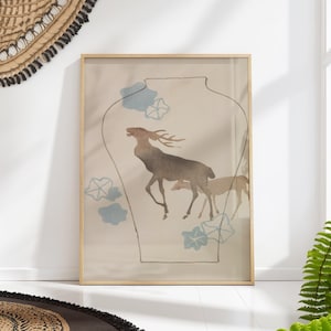 Japanese Stag & Doe Boho Vase Print – Minimalist Deer Art by Asai Chū, Wabi-Sabi Neutral Wall Decor