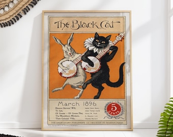 Black Cat Rabbit Music Poster, Vintage Magazine Cover, Banjo Musician Art, Whimsical Antique Print