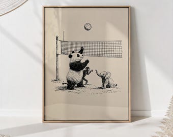 Animals Volleyball Nursery Print, Panda Chimpanzee Elephant Wall Art