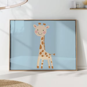 Giraffe Nursery Print | Blue Safari Animal Wall Art Poster | Gender‑Neutral Jungle Kids Bedroom Decor