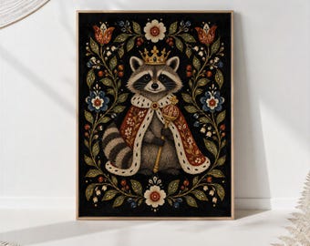 Raccoon King Folk Art Print, Red and Gold Floral Border