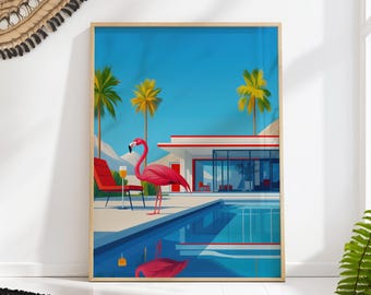 Palm Springs Flamingo Art Print – Mid Century Poolside Wall Decor