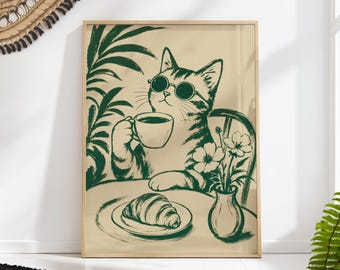 Green Coffee Cat Print: Funny Quirky Cafe Wall Art Kitchen Decor