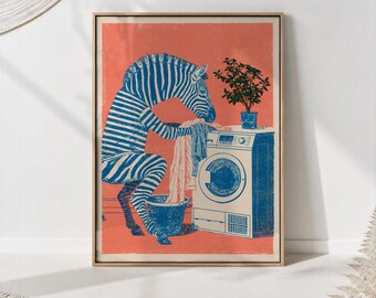 Zebra Laundry Print, Blue Zebra Bathroom Wall Art
