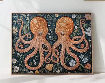 William Morris Octopus Wall Art - Botanical Marine Life Print for Coastal Decor