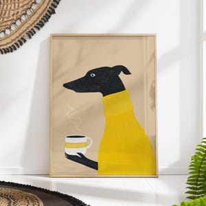 Yellow Dog Coffee Print – Whippet Greyhound Wall Art, Kitchen Cafe Bar Decor