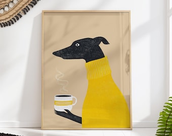 Yellow Dog Coffee Print – Whippet Greyhound Wall Art, Kitchen Cafe Bar Decor