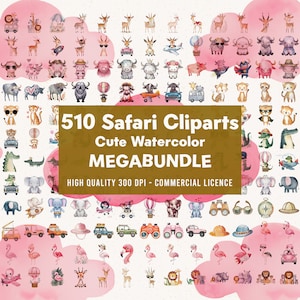 510 Cute Safari Animal Bundle Cliparts Sublimation Watercolor Commercial Use Cutting Files PNG