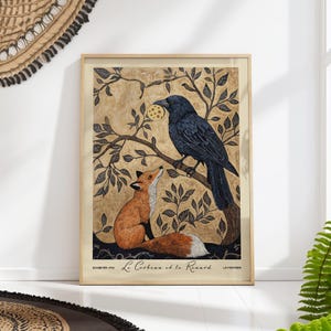 The Raven and the Fox Art Print - La Fontaine Fable Poster - Vintage Animal Wall Decor