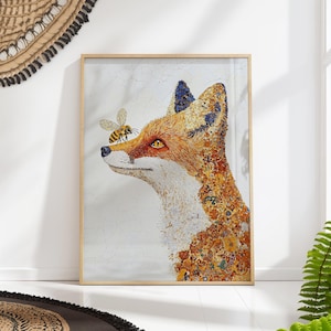 Fox and Bee Art Print - Klimt Inspired Poster - Whimsical Animal Wall Decor