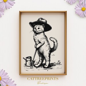 Vintage Cat Gardener Print - Retro Kitty Art - Whimsical Black and White Poster  | PRINTED on Luxury Paper