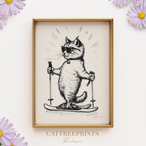 Cool Skiing Cat Print Retro Black and White Winter Wall Art | PRINTED on Luxury Paper