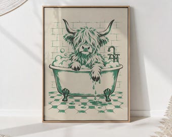 Highland Cow in Clawfoot Bathtub Print, Green Two-Color Illustration