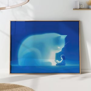 Cat Reading Wall Art Girl Book Glow Print Dreamy Nursery Decor