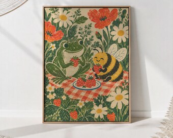 Frog and Bumblebee Strawberry Picnic Print, Risograph Garden