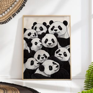 Panda Party Art Print – Black & White Animal Illustration