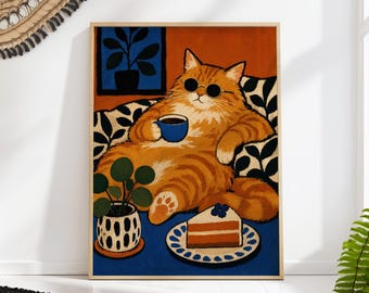 Ginger Cat Coffee Print: Mid Century Kitchen Wall Art Decor
