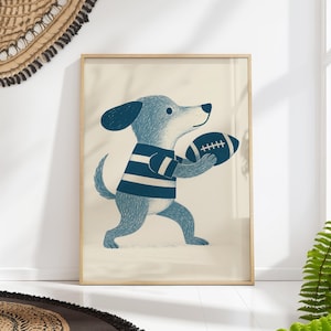Blue Puppy Football Nursery Print: Playful Kids Room Wall Art
