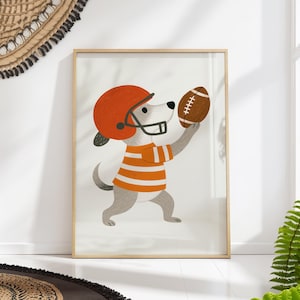 Dog Playing Football Poster, Nursery Sports Animal Wall Art, Kids Room Print