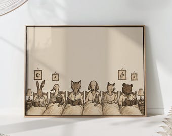 Animals Reading in Bed at Night Print: Cozy Bedtime Nursery Wall Art