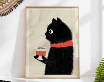 Black Cat Coffee Art Print with Cozy Scarf Illustration