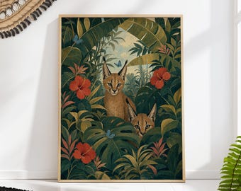 Two Caracals in a Tropical Jungle with Hibiscus, Vintage Botanical Wall Art
