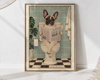 French Bulldog Toilet Newspaper Print, Funny Bathroom Wall Art