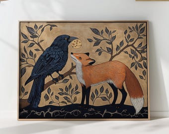 Könnte beinhalten: Gerahmtes Kunstwerk, das einen Raben auf einem Ast mit einem runden Objekt im Schnabel zeigt, der einem Fuchs zugewandt ist. Der Fuchs hat orangefarbenes Fell, eine weiße Brust und Schwanzspitze. Der Hintergrund ist beige mit dunkelbraunem Laub.