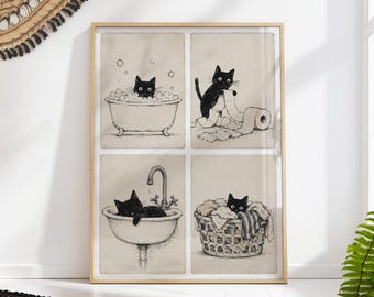 May include: A framed art print featuring four panels of a black cat in various scenarios. The cat is depicted in a bathtub, playing with toilet paper, lounging in a sink, and nestled in a laundry basket. The artwork is in black and white.