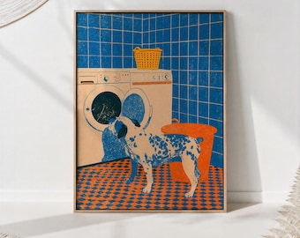 Bulldog Laundry Day Print, Funny Dog Bathroom Wall Art