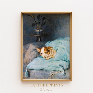 May include: A watercolor painting of a small dog lying on a bed with a blue blanket. The dog is looking at the viewer with a sad expression. The painting is framed in a gold frame.