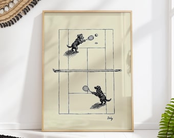 Dogs Playing Tennis Ink Drawing Print, Vintage Style Black and White Wall Art