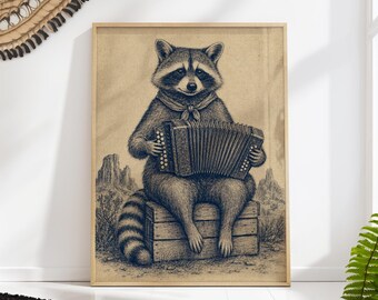 Raccoon Playing an Accordion in the Desert, Vintage Ink Sketch Wall Art