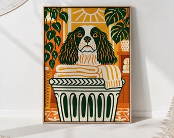 Spaniel Laundry Print, Dog Basket Animal Wall Art