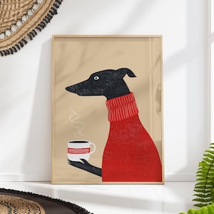 Greyhound Coffee Poster – Whippet Dog Wall Art, Red Sweater Kitchen Print