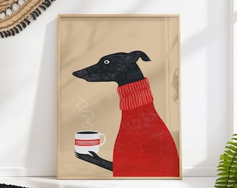 Greyhound Coffee Poster – Whippet Dog Wall Art, Red Sweater Kitchen Print