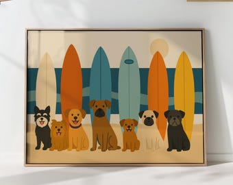 May include: A framed art print featuring a beach scene with seven dogs of various breeds in front of colorful surfboards. The background includes a light blue ocean stripe, a beige sky, and a yellow sun.