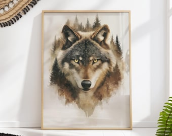 Wolf Wall Art, Forest Animal Print, Wildlife Nature Poster, Rustic Wolf Decor, Mountain Artwork