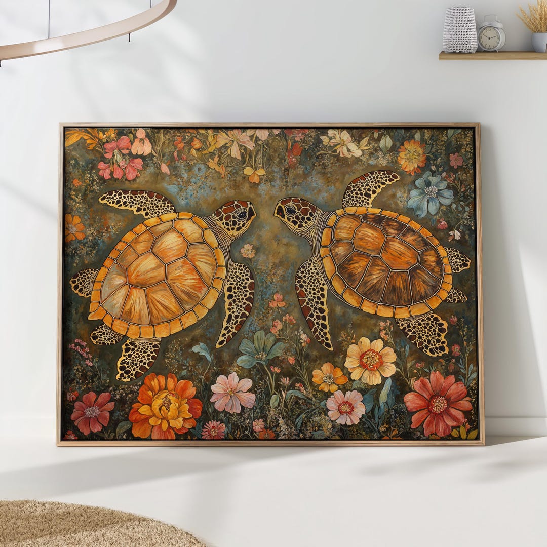 Sea Turtle Botanical Wall Art Morris Floral Ocean Painting Print - Etsy
