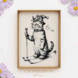 Vintage Ski Cat Print - Quirky Winter Sports Wall Art  | PRINTED on Luxury Paper