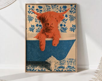 Highland Cow Bathtub Print, Orange Cow Bathroom Wall Art