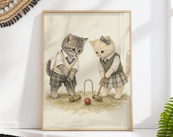 Two Kittens Playing Croquet in Vintage Clothes, Nursery Storybook Wall Art