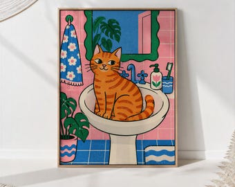 Orange Tabby Cat in Bathroom Sink Print, Pink and Blue Riso Style