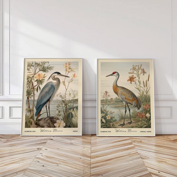 Heron and Sandhill Crane William Morris Wall Art Set of 2 - Neutral Beige Wetland Bird Poster